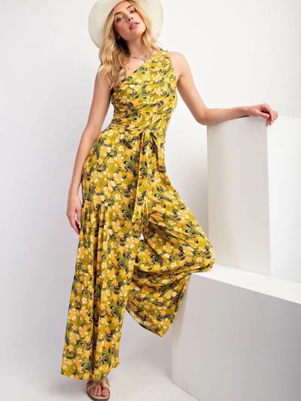 easel Yellow Floral One-Shoulder Jumpsuit